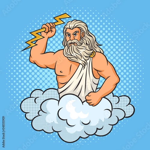 Zeus god with lightning in his hand pinup pop art retro vector illustration. Comic book style imitation.