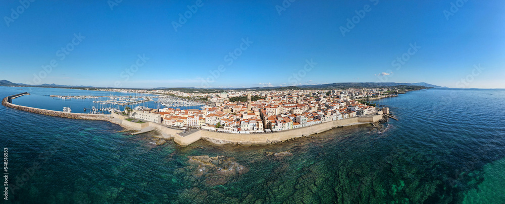 Drone view at the historical town of Alghero on Sardinia, Italy