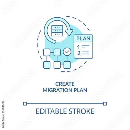 Create migration plan turquoise concept icon. Moving website to new platform abstract idea thin line illustration. Isolated outline drawing. Editable stroke. Arial, Myriad Pro-Bold fonts used
