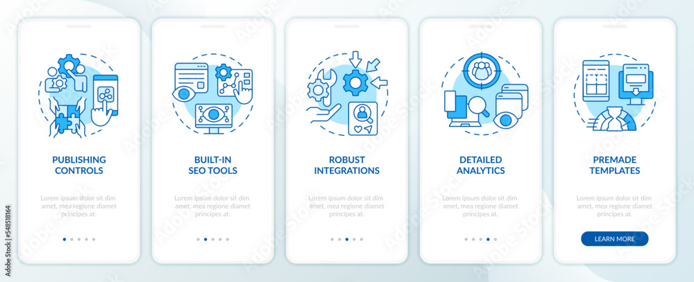 Content management system features blue onboarding mobile app screen. Walkthrough 5 steps editable graphic instructions with linear concepts. UI, UX, GUI template. Myriad Pro-Bold, Regular fonts used