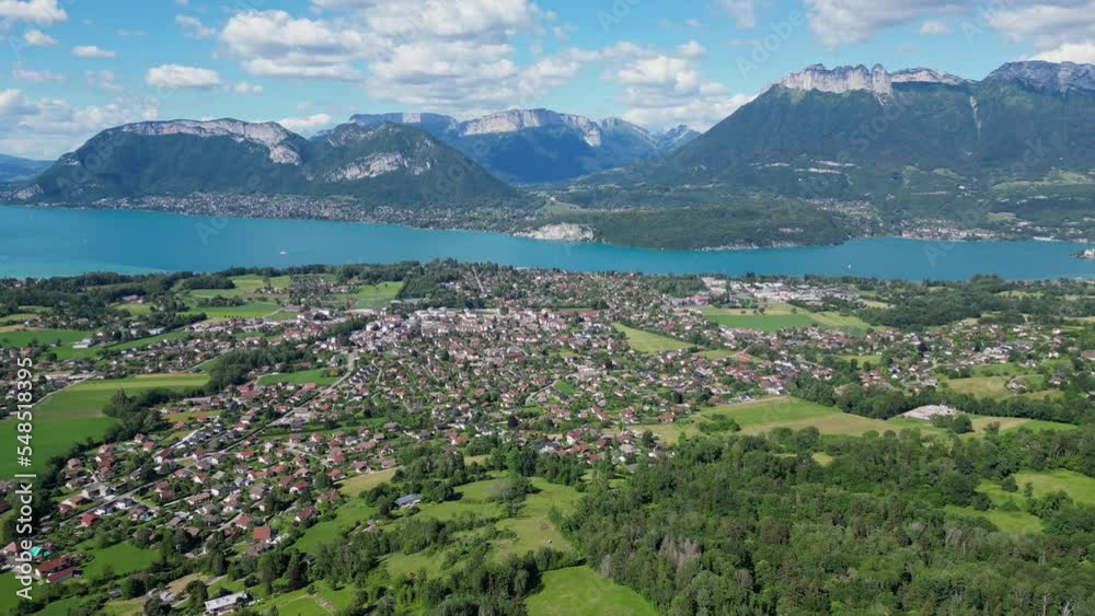 Lake Annecy and Villages in French Alps - Aerial Scenic Panorama Background Lake Annecy and Villages in French Alps - Aerial Scenic Panorama Background