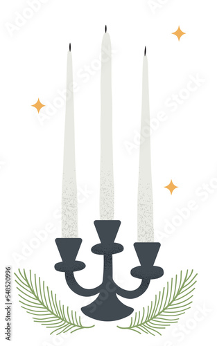 Hand drawn candle holder with three candle sticks, decorated with fir branches and sparkles. Isolated vector illustration with grainy texture