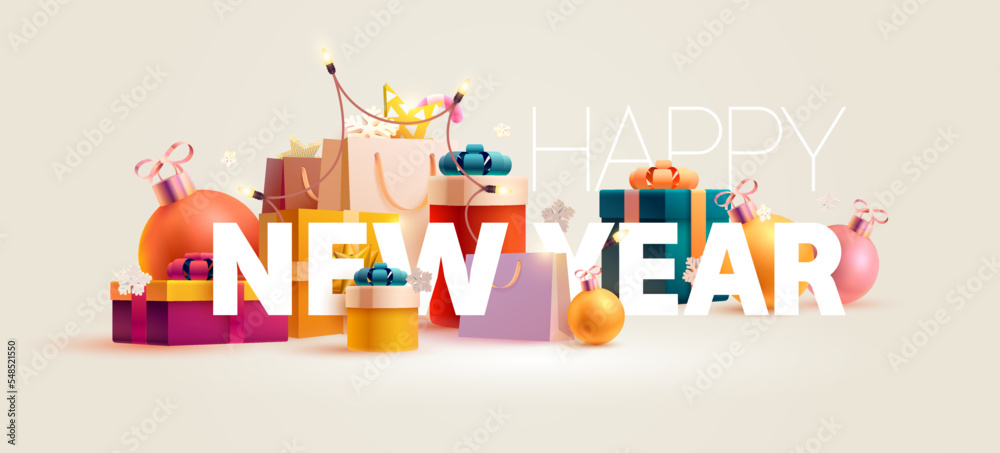 Happy New year poster 2023. White numbers with colorful gift boxes and Christmas decoration. Bright greeting card design. Happy New year poster 2023. White numbers with colorful gift boxes and Christmas decoration. Bright greeting card design.
