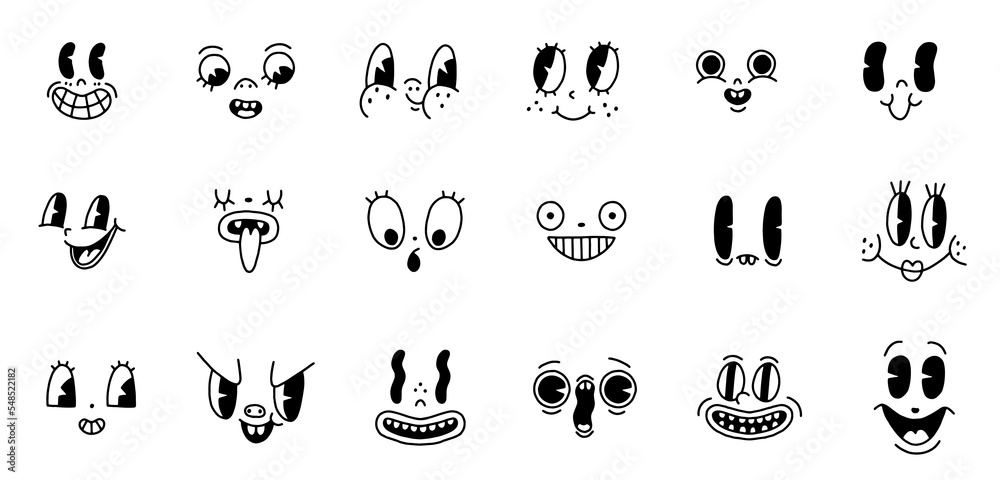 Retro 30s cartoon mascot characters funny faces big set. 40s, 50s, 60s old  animation eyes and mouths elements. Vintage comic emotions for logo vector.  Smiley, happy, sad, cheerful, surprised. Isolated Stock Vector |