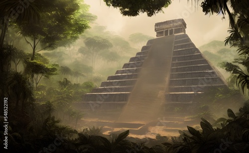 brutalist mayan temple in the jungle, mexica, tulum piramide de kukulkan photo