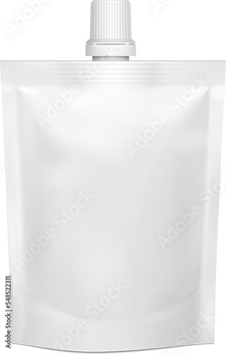 Mockup Blank Flexible Pouch With Top Cap. Food Or Drink Bag Packaging, Spout Lid. Illustration Isolated On White Background. Mock Up Template Ready For Your Design. Product Packing. Vector EPS10