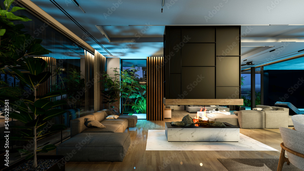 Fototapeta premium 3d rendering of modern cozy interior with living,dining zone stair and kitchen for sale or rent with wood plank by the sea in night. Warm interior lighting combined with cold light from night street