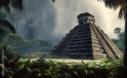brutalist mayan temple in the jungle, mexica, tulum piramide de kukulkan photo