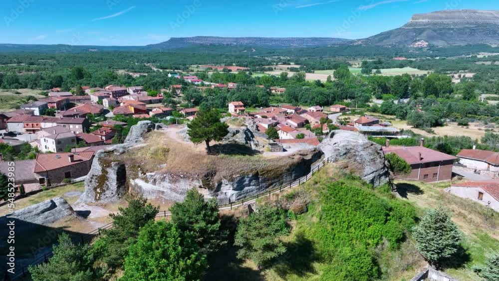 Town of Hacinas. Aerial view from a drone. Saw of the Demand. Burgos, Castilla y Leon, Spain, Europe Town of Hacinas. Aerial view from a drone. Saw of the Demand. Burgos, Castilla y Leon, Spain, Europe