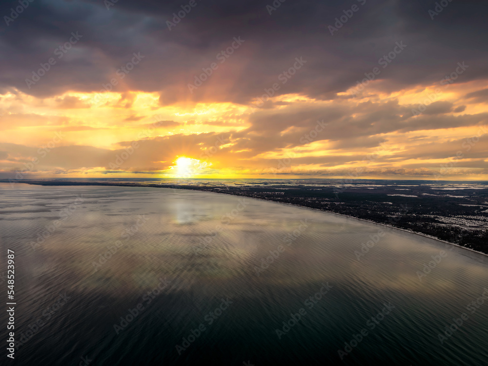 Birds eye view of Georgian bay beautiful Sunset