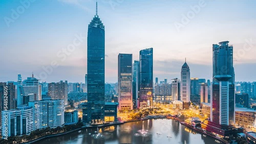 Timelapse of dusk scenery of Northwest Lake CBD buildings in Hankou, Wuhan, Hubei, China