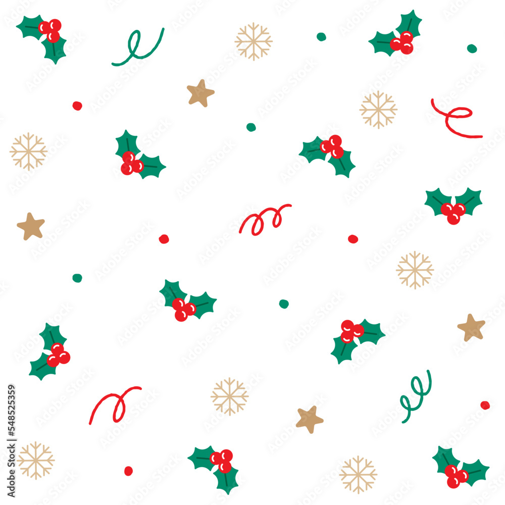 Cute Merry Christmas Holly Star Snowflake Confetti Element Ditsy Sprinkle Sparkle Shine Small Polkadot Spring Line Abstract Colorful Pastel Red Green Seamless Pattern Background for Christmas Party