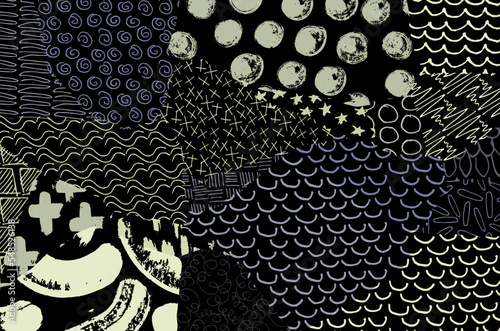 Abstract black strokes, Hand sketched Vector Pattern. Retro abstract pattern in geometric style. Abstract multicolored geometric pattern.	
