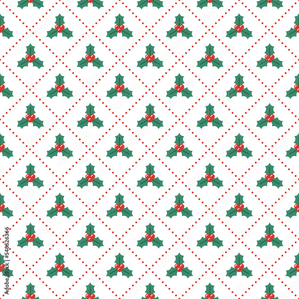 Cute Merry Christmas Holly Tree Mistletoe Christmas Tree Green Red Dash Line Diagonal Stripe Striped Line Tilt Checkered Plaid Tartan Buffalo Scott Gingham Background Seamless Pattern for Christmas