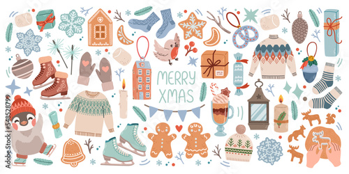 Christmas big set of elements with cookies, houses, presents, sweater, fur tree, wreaths. Stickers set. Hand drawn style