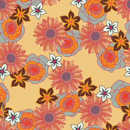 Groovy Retro Funky Florals Vector Seamless Pattern © Farijazz