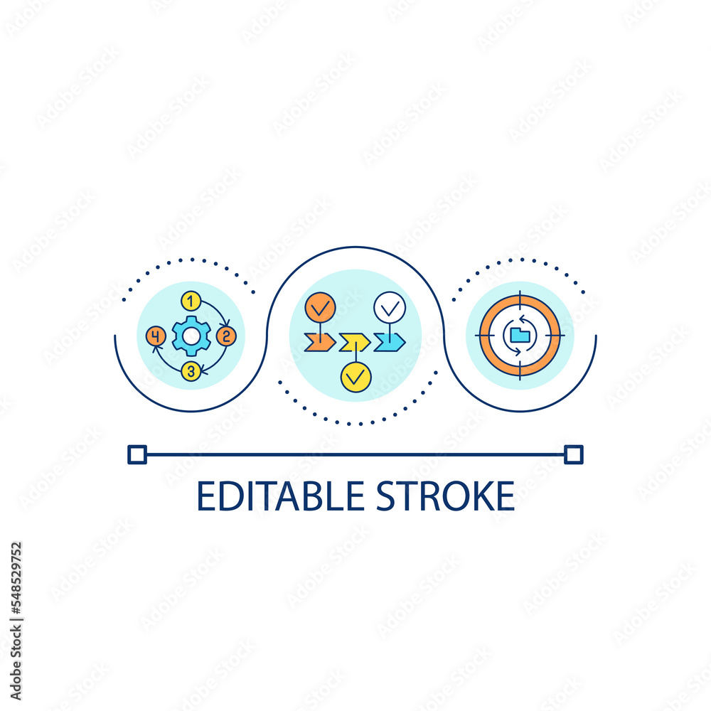 Process management loop concept icon. Optimizing strategy. Adjust plan. Workflow stages abstract idea thin line illustration. Isolated outline drawing. Editable stroke. Arial font used Process management loop concept icon. Optimizing strategy. Adjust plan. Workflow stages abstract idea thin line illustration. Isolated outline drawing. Editable stroke. Arial font used