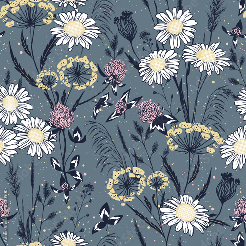 Delicate wild meadow print - seamless vector background. Vector seamless pattern with daisies, clovers, wild grass on white. Perfect for textile, fabric, wallpapers, grathic art, printing etc. photo