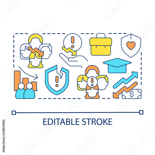 Social development issues concept icon. Fair economy problem. Achieving inclusive growth challenge abstract idea thin line illustration. Isolated outline drawing. Editable stroke. Arial font used