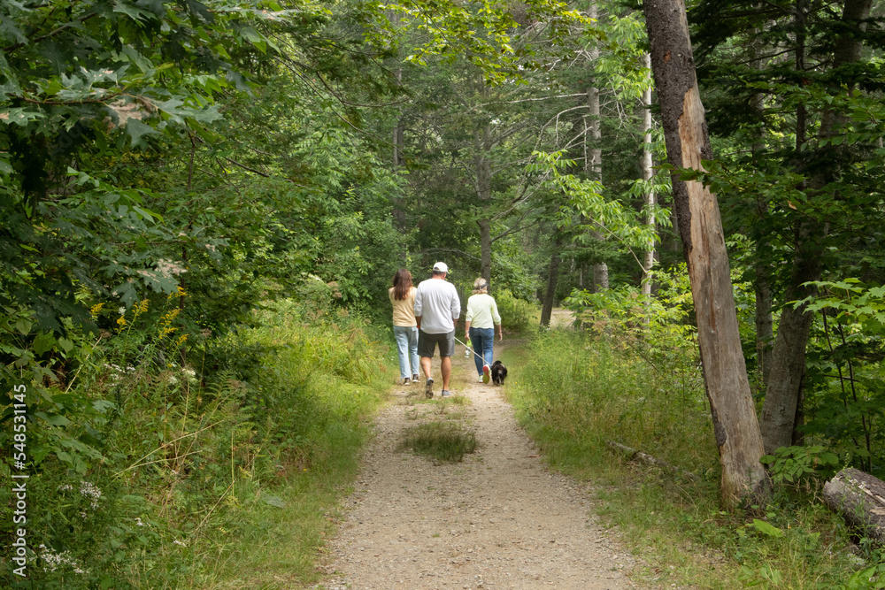 2 women, a man, and a dog walking on a trail in the woods 2 women, a man, and a dog walking on a trail in the woods