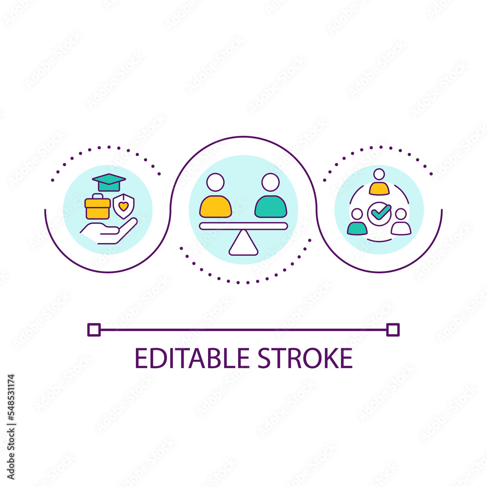 Social inclusion loop concept icon. Workers equality. Fair economy. Sustainable development element abstract idea thin line illustration. Isolated outline drawing. Editable stroke. Arial font used