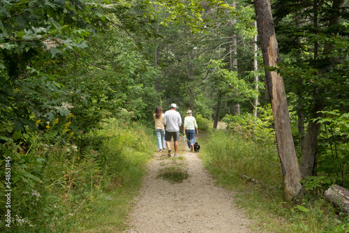 2 women, a man, and a dog walking on a trail in the woods