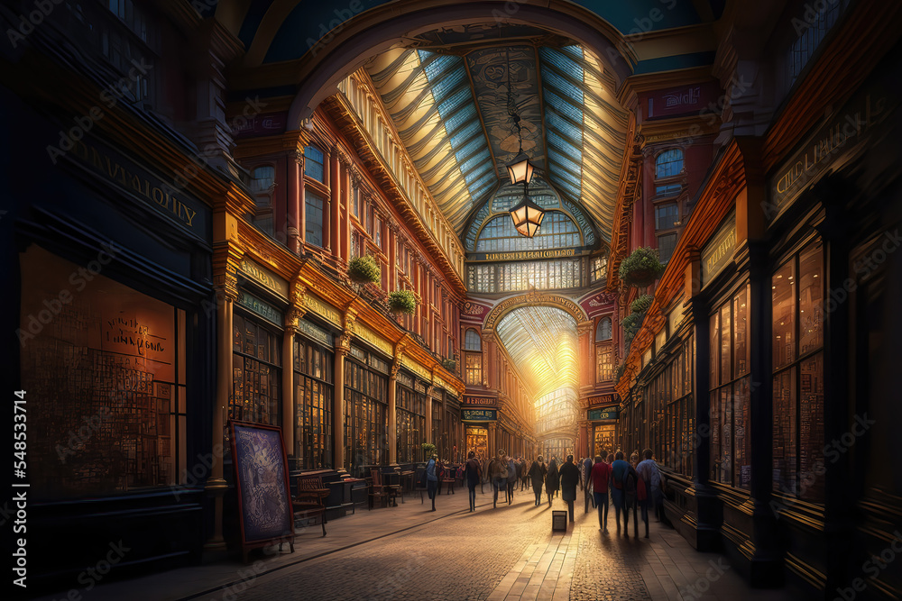 AI generated image of the interior of Leadenhall Market in London in the evening