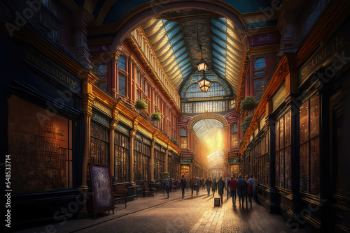 AI generated image of the interior of Leadenhall Market in London in the evening © Amith