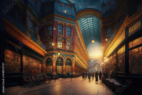 AI generated image of the interior of Leadenhall Market in London in the evening photo