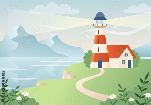 Landscape with lighthouse, summer landscape of ocean shore with mountains. Vector illustration in flat cartoon style