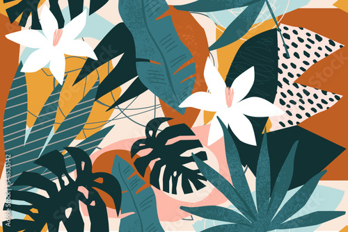 Collage contemporary floral seamless pattern. Modern exotic jungle fruits and plants illustration in vector.
