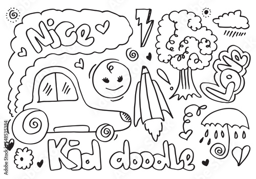Fototapeta Naklejka Na Ścianę i Meble -  hand-drawn cute doodle set on white background. doodle design elements.doodle kids for decoration and coloring page.