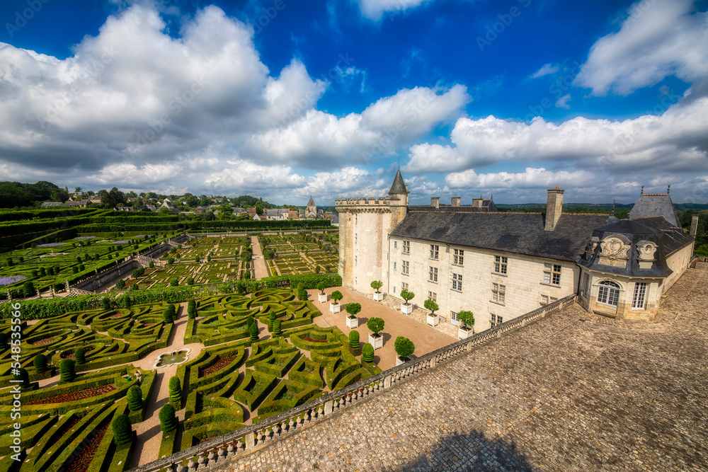 View of the Castle and the Beautiful Gardens of Villandry, Loire, France