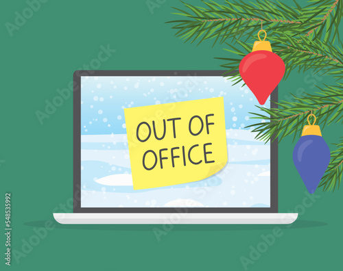 auto responder out of office written on a laptop screen; winter, christmas vacation concept - vector illustration