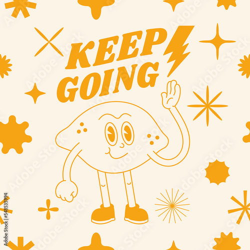 Vector illustration character- lemon with happy face ìn retro style and typography quote. Groovy sticker with plant for print