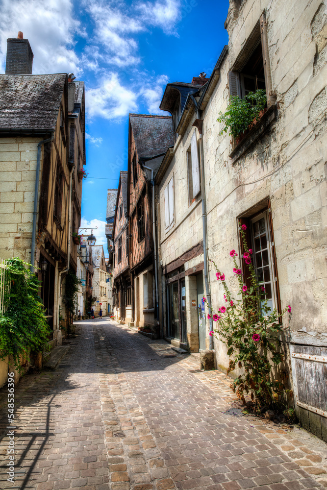 Naklejka premium Charming, Cobbled Street in the Famous Historic Town of Chinon in the Loire Valley, France