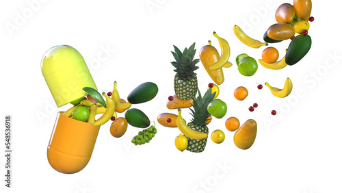 Fototapeta Naklejka Na Ścianę i Meble -  Pill with fruits, 3D illustration