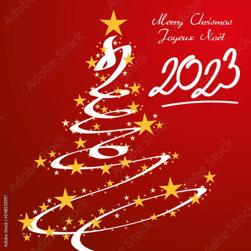 Carte de vœux 2023 pour souhaiter un joyeux noël, avec une guirlande d’étoiles brillantes, qui dessinent un sapin sur un fond bleu nuit.