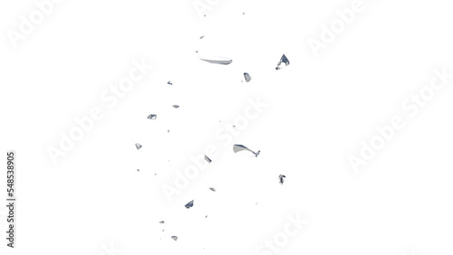 Glass mirror breaked shatter with debris super slow motion. Macro camera 3d illustration.
