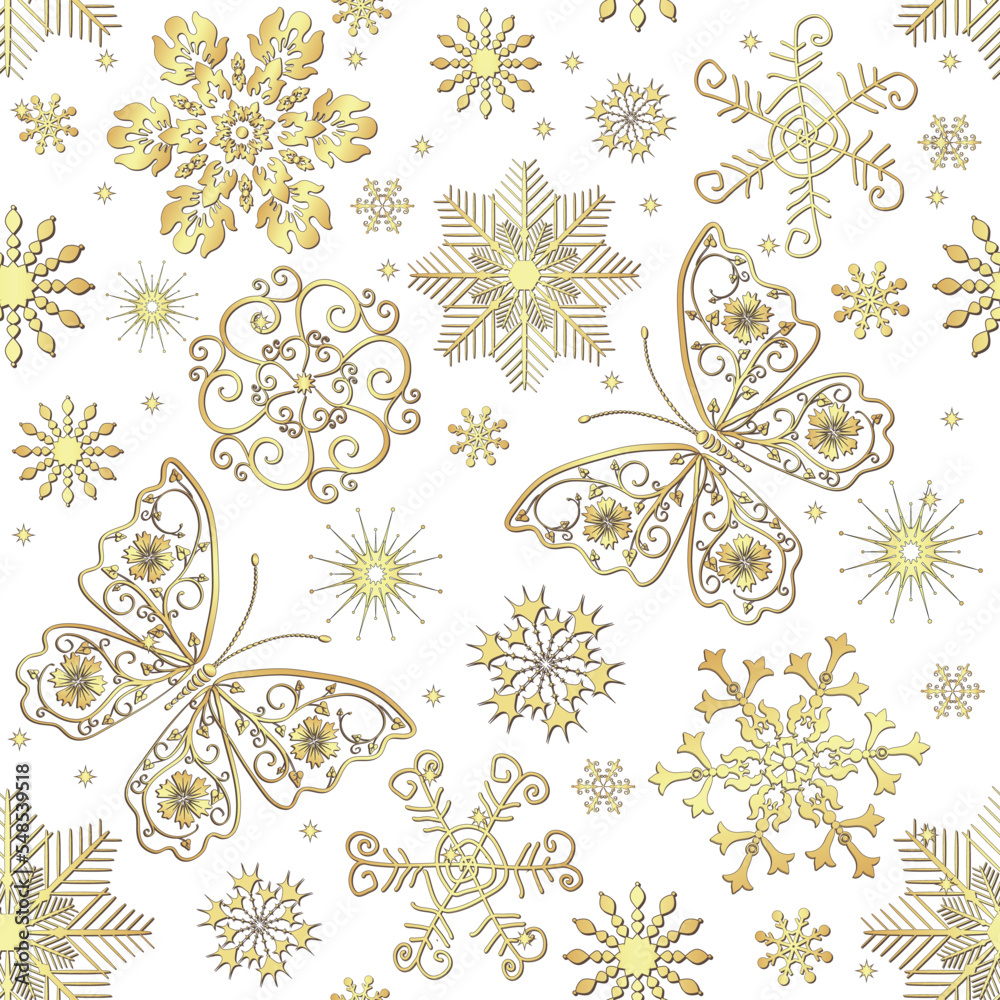 Vector seamless Christmas pattern with golden snowflakes and butterflies on transparent background
