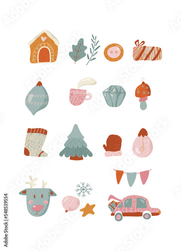 Christmas elements collection. Set of christmas items. Happy new year. Vector illustration. Hand-Drawn.