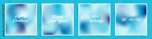 Winter gradient minimal template for posters, placards. Square cover template design set with blue snowy mesh gradients. Wavy abstract gradient poster frame. Vector set.