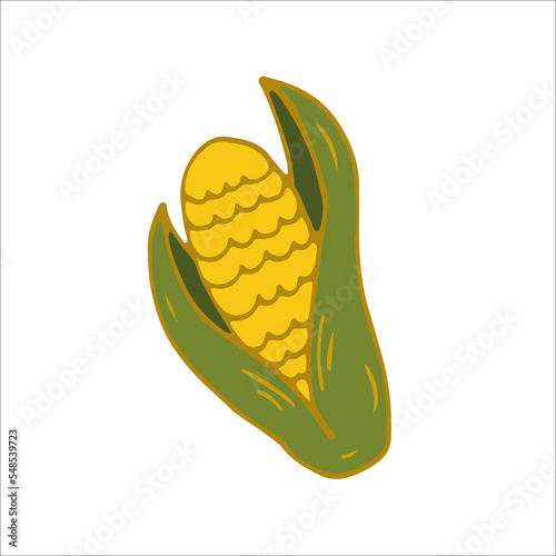 Corn Icon, sticker, design element. Yellow and green colors. Vector Illustration.