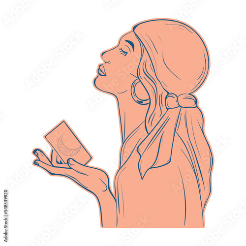 Isolated woman fortune teller with tarot card esoterism sketch icon Vector illustration