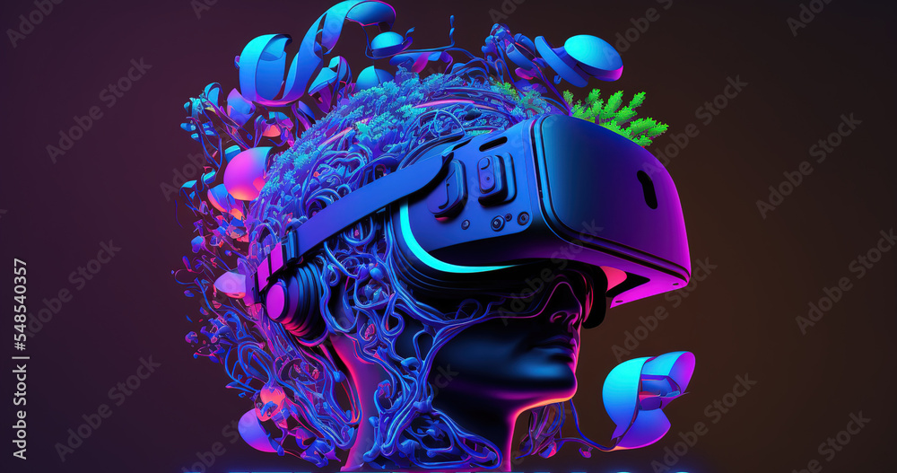 Metaverse concept and virtual world elements. Silhouette of a human face in augmented or virtual reality headset. 3d illustration - obrazy, fototapety, plakaty 