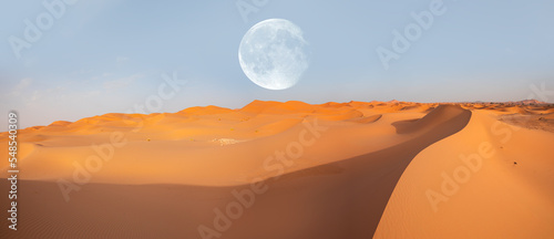 Beautiful sand dunes in the Sahara desert with full moon - Sahara, Morocco "Elements of this image furnished by NASA"