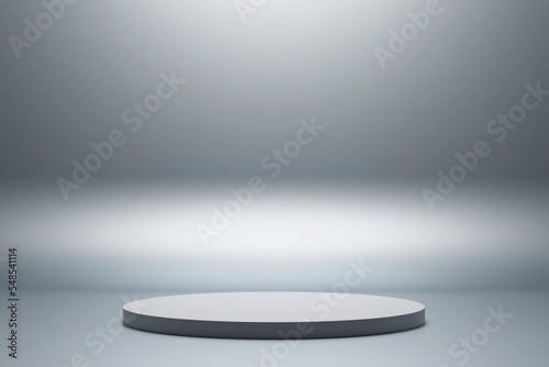 Realistic 3d rendering platform for product display on grey background. © winston