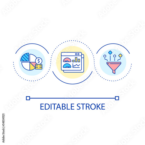 Optimize finance strategy loop concept icon. Business adjustment. Economic research. Improve revenue abstract idea thin line illustration. Isolated outline drawing. Editable stroke. Arial font used