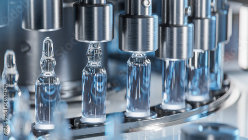 Fotografie, Tablou Macro Shot of Medical Ampoule Production Line at Modern Modern Pharmaceutical Factory