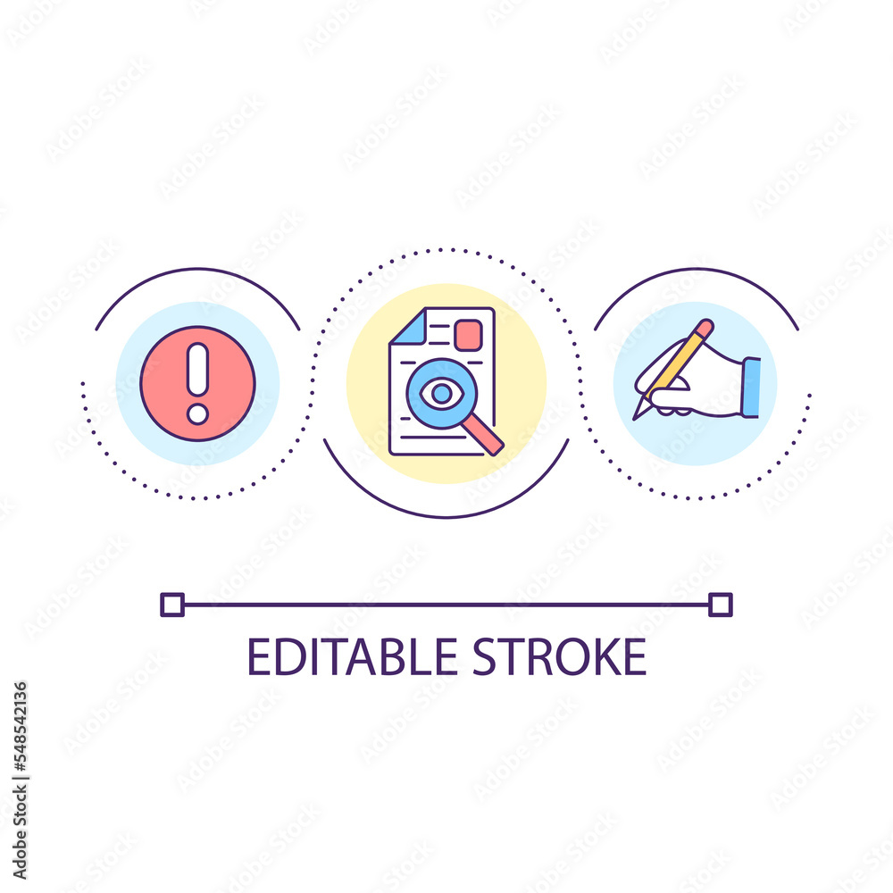 Proofreading loop concept icon. Content editor. Find mistake. Correct text. Check manuscript abstract idea thin line illustration. Isolated outline drawing. Editable stroke. Arial font used